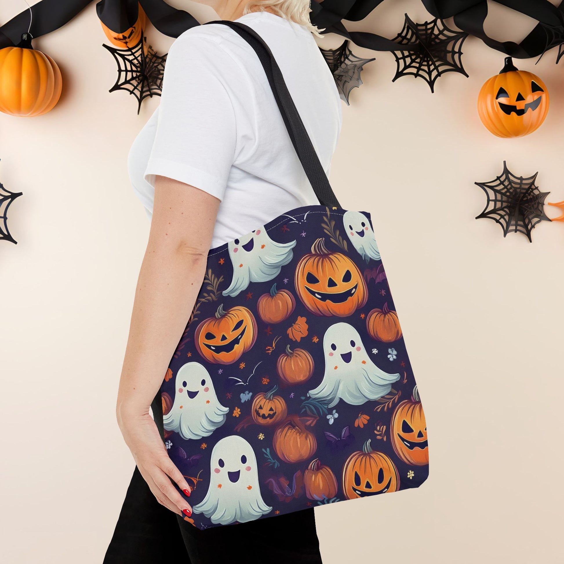 Halloween Trick - or - Treat Tote Bag, Jack - o' - lantern Ghost Pumpkin Fall Festival Purse, Purple All - Over Print Candy Bag, Halloween Costume - EternalAscension