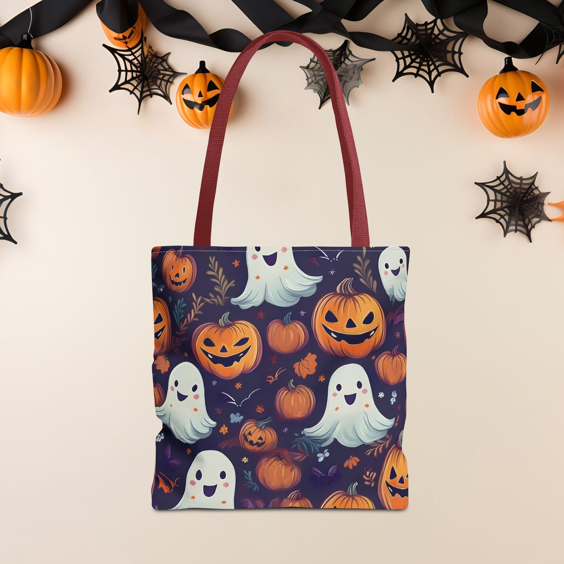 Halloween Trick - or - Treat Tote Bag, Jack - o' - lantern Ghost Pumpkin Fall Festival Purse, Purple All - Over Print Candy Bag, Halloween Costume - EternalAscension