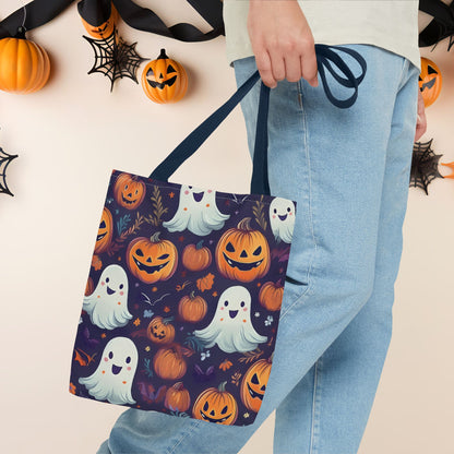 Halloween Trick - or - Treat Tote Bag, Jack - o' - lantern Ghost Pumpkin Fall Festival Purse, Purple All - Over Print Candy Bag, Halloween Costume - EternalAscension