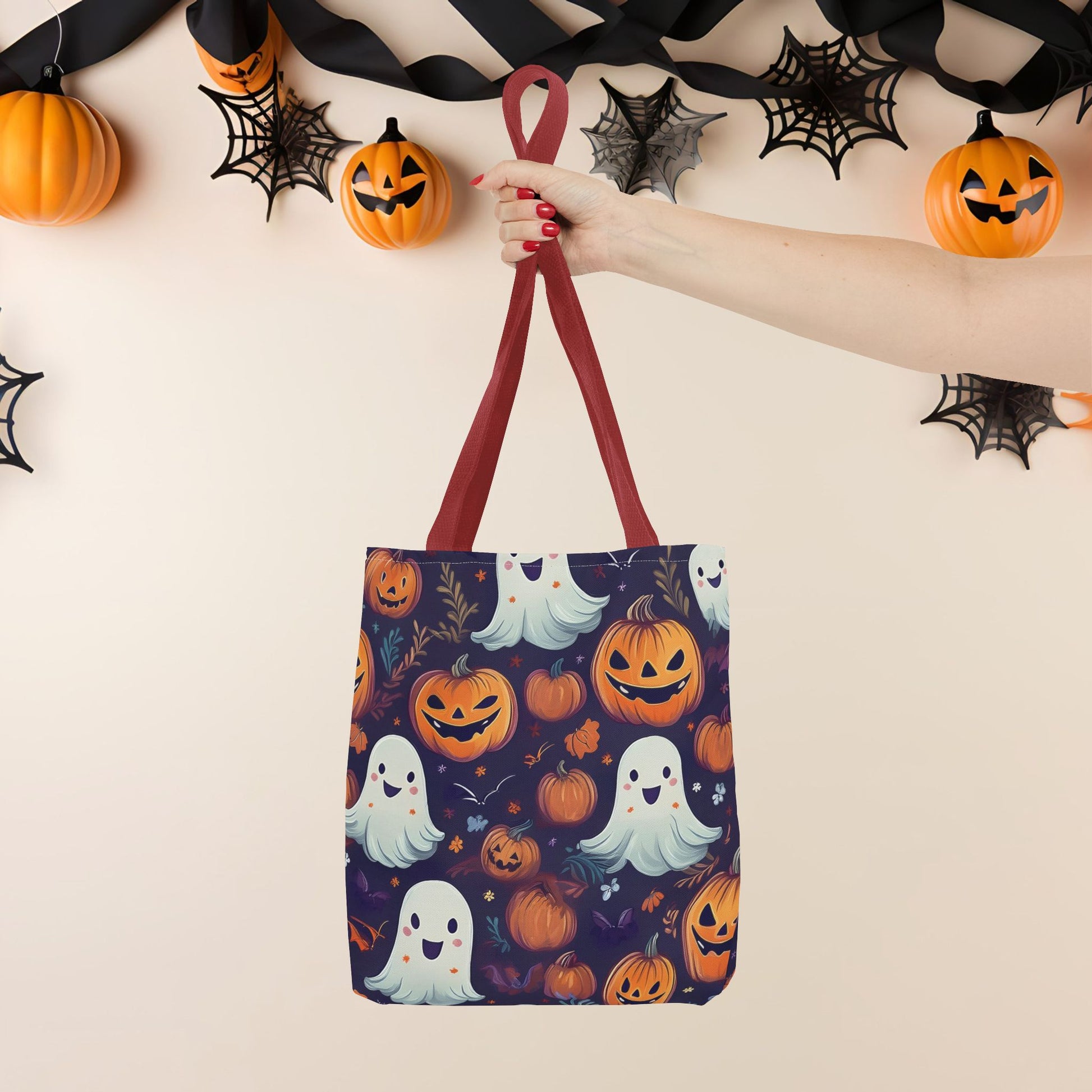 Halloween Trick - or - Treat Tote Bag, Jack - o' - lantern Ghost Pumpkin Fall Festival Purse, Purple All - Over Print Candy Bag, Halloween Costume - EternalAscension