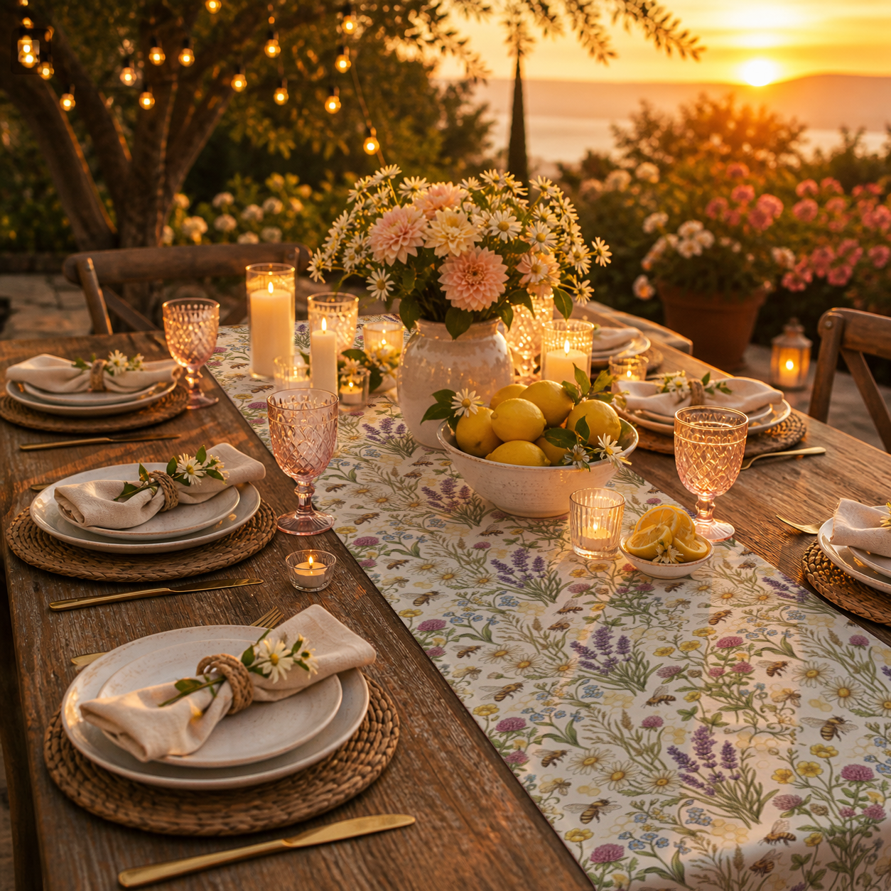 A beautifully set outdoor dining table at sunset, featuring a floral table runner, woven placemats, white plates, pink and white flowers, candles, and lemons, with a scenic ocean view in the background.