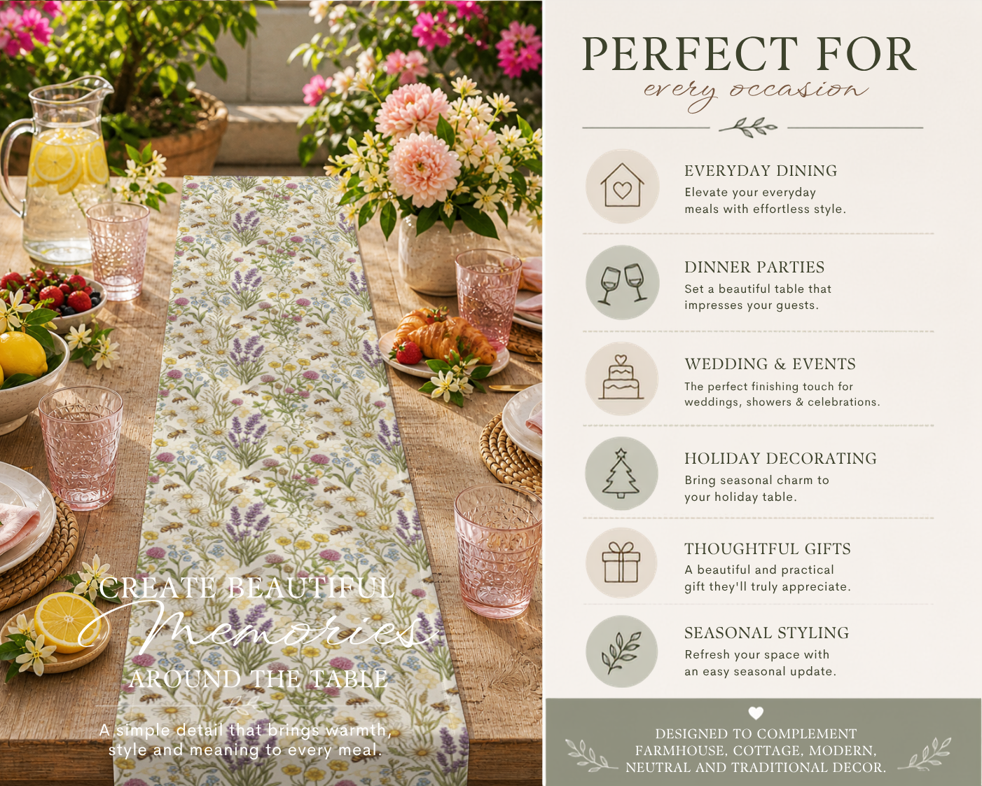 A styled table setting on the left and a text panel on the right promoting a fabric table runner. The runner features a delicate floral pattern in soft pastel tones of blue, pink, and green on a cream base.