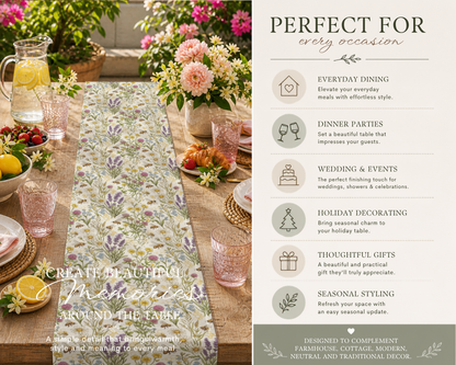 A styled table setting on the left and a text panel on the right promoting a fabric table runner. The runner features a delicate floral pattern in soft pastel tones of blue, pink, and green on a cream base.