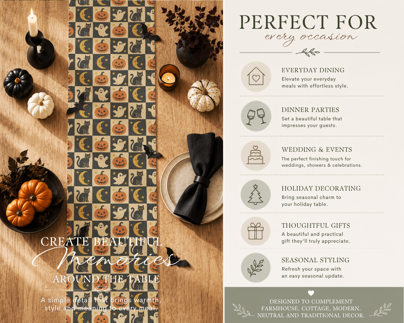 A styled flat-lay and infographic layout for a fabric or wallpaper design, showing a vertical patterned panel with a repeating cat-and-moon motif alongside text reading 'PERFECT FOR every occasion' and 'CREATE BEAUTIFUL Memories AROUND THE TABLE.' The scene includes candles, pumpkins, a plate, a napkin, and fall decor on a wood surface.