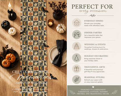 A styled flat-lay and infographic layout for a fabric or wallpaper design, showing a vertical patterned panel with a repeating cat-and-moon motif alongside text reading 'PERFECT FOR every occasion' and 'CREATE BEAUTIFUL Memories AROUND THE TABLE.' The scene includes candles, pumpkins, a plate, a napkin, and fall decor on a wood surface.
