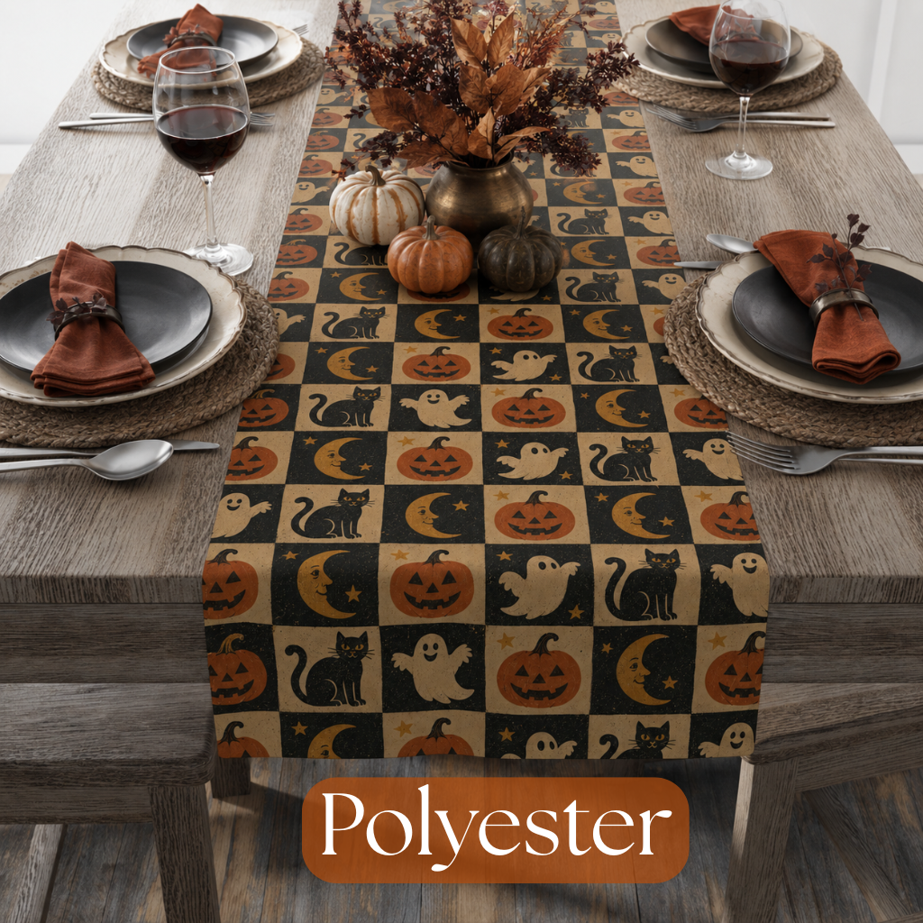 A Halloween-themed table runner with a black and beige checkered pattern featuring pumpkins, ghosts, cats, and moons, styled on a wooden dining table with place settings and a decorative centerpiece. An orange label at the bottom reads 'Polyester'.