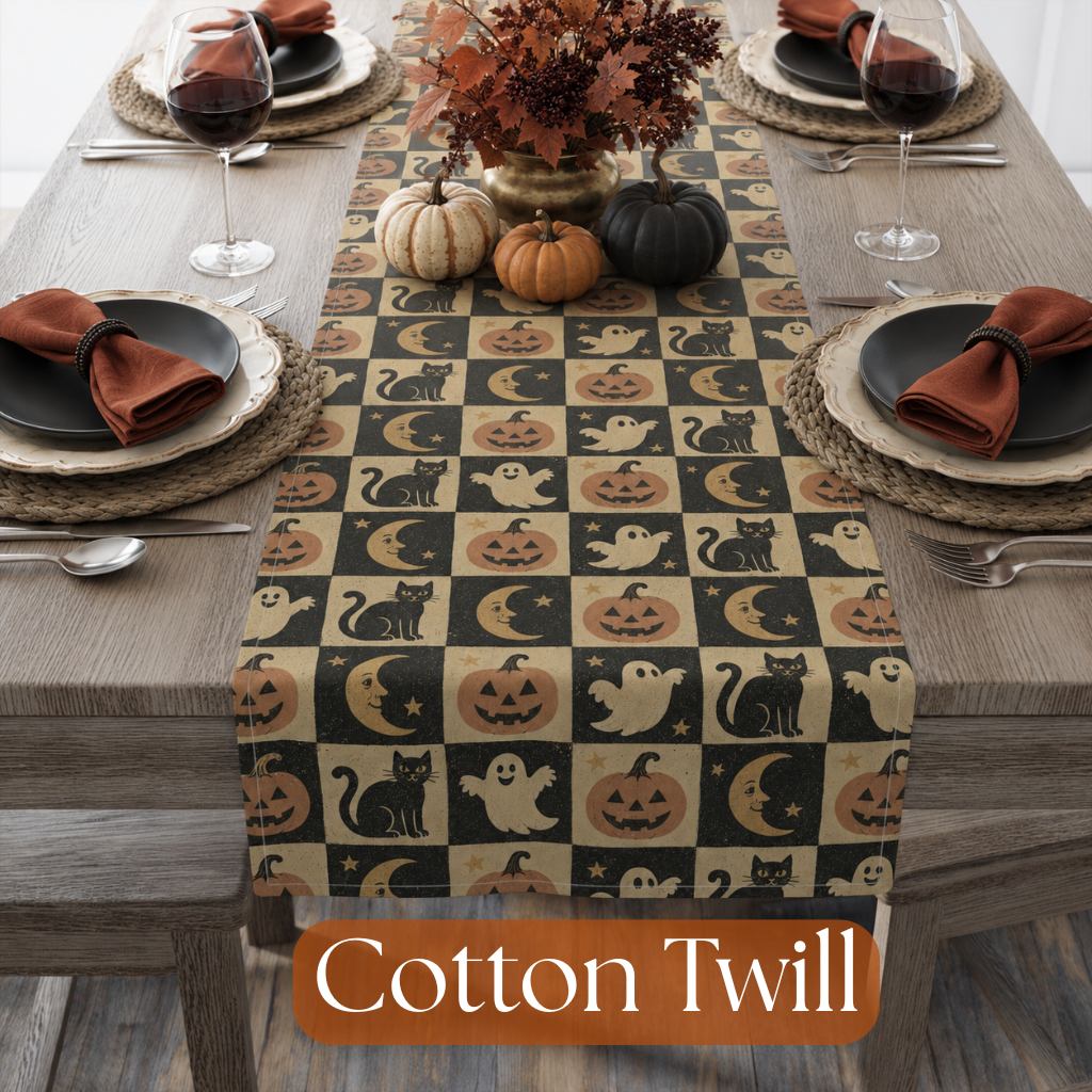 A cotton twill table runner with a black and beige checkered pattern of pumpkins, ghosts, and cats, displayed on a wooden dining table with place settings and fall decorations.