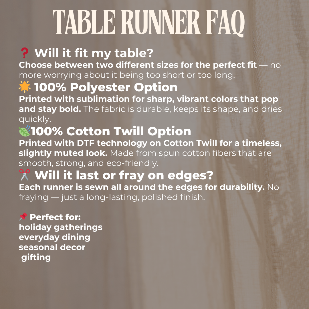 Table runner FAQ with text on a brown background