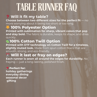 Table runner FAQ with text on a brown background