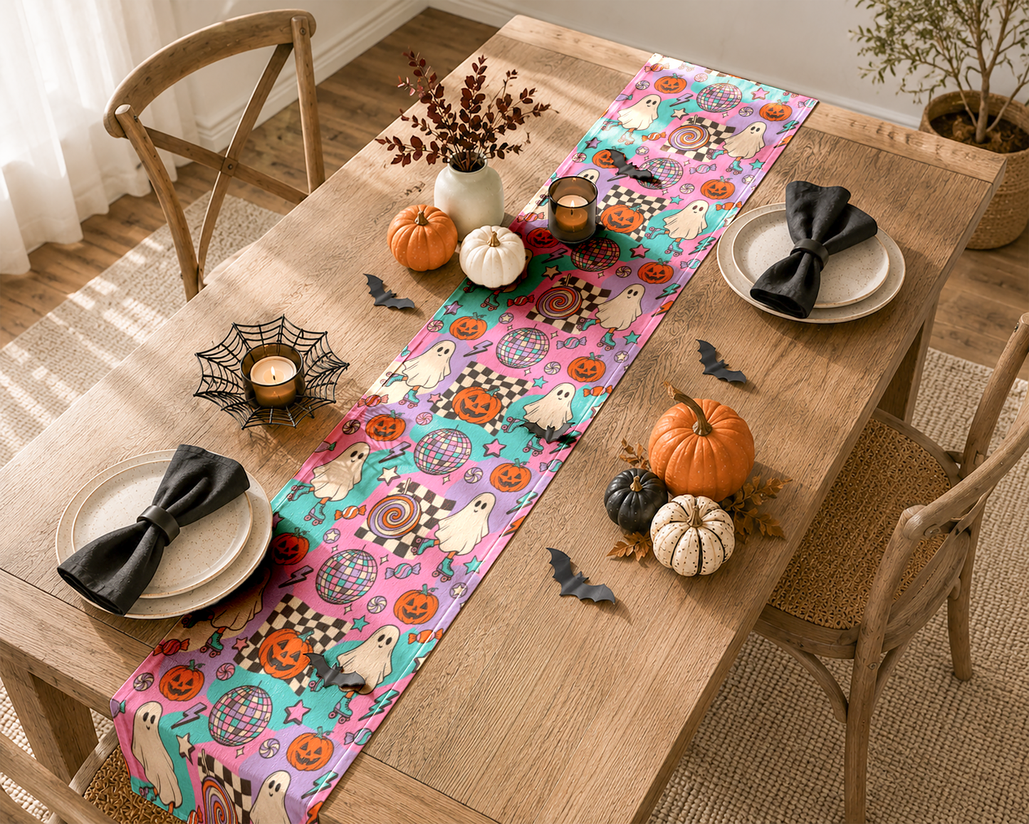 A Halloween-themed table runner with a pink and teal pattern of ghosts, pumpkins, bats, and spiderwebs is styled on a wooden dining table with place settings, pumpkins, and candles.