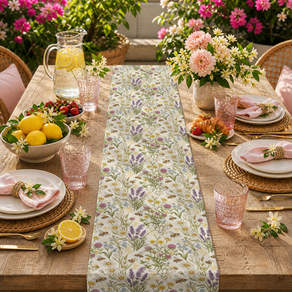 A floral table runner with a lavender, purple, and green botanical pattern is displayed on a wooden dining table set for a garden party. The scene is decorated with pink flowers, lemonade, pink textured glasses, and woven placemats.