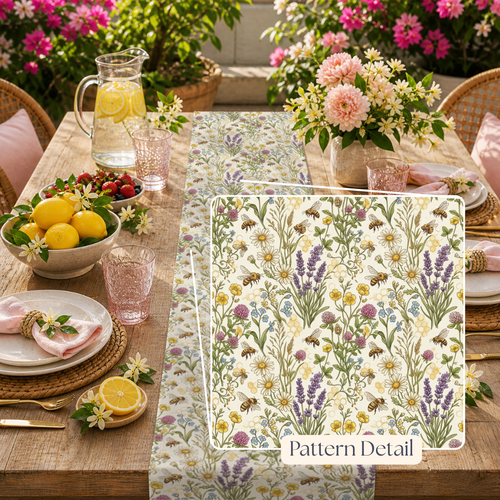 Outdoor dining table setting with a floral table runner and matching placemat featuring a vintage-style botanical pattern of lavender, daisies, bees, and wildflowers. A large 'Pattern Detail' label highlights the textile print, with pink flowers, lemonade, and woven chairs in the background.