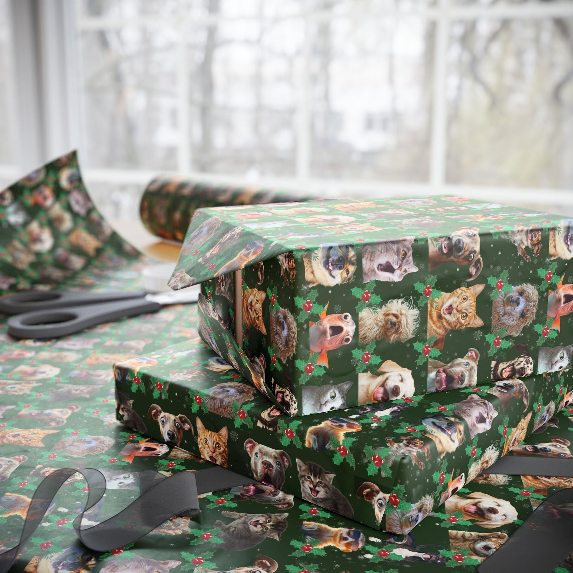 Animal Collage Wrapping Paper, Dog Cat Fish Alpaca Gift Wrap - Festive Holiday Fun, Custom Christmas Pattern, Matte or Glossy Finish, 90gsm - EternalAscension