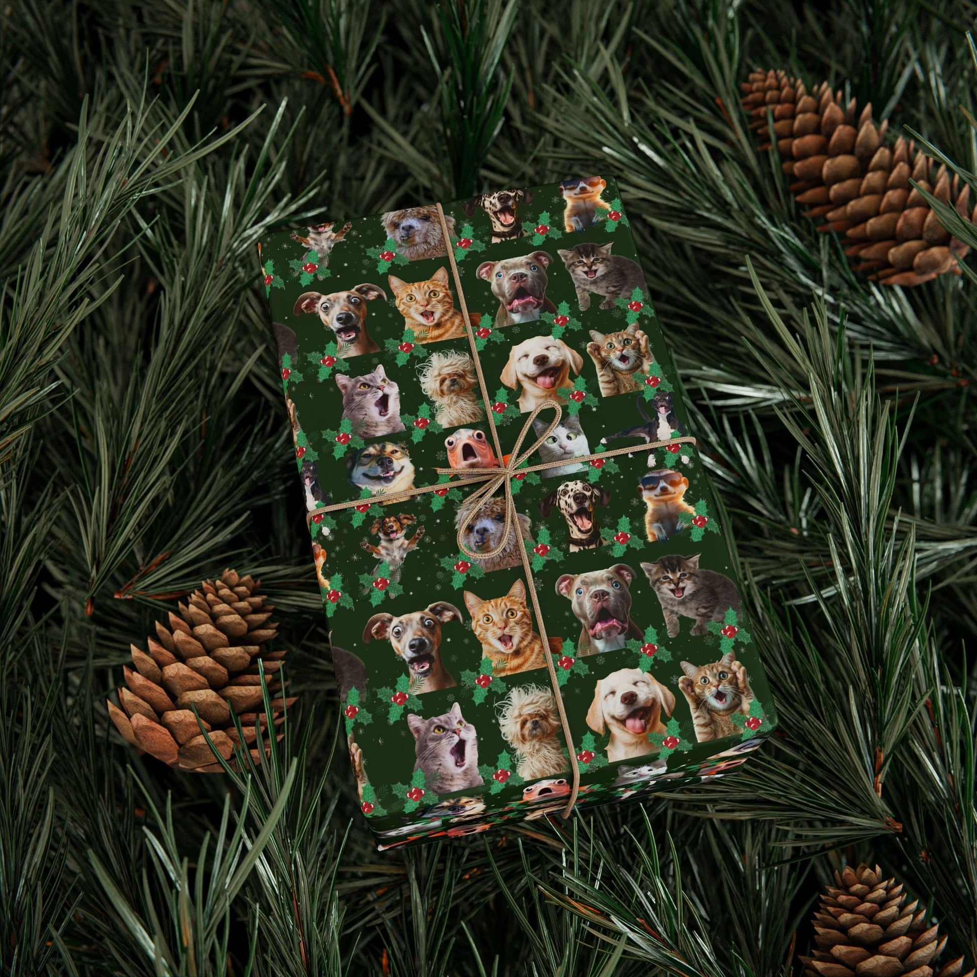 Animal Collage Wrapping Paper, Dog Cat Fish Alpaca Gift Wrap - Festive Holiday Fun, Custom Christmas Pattern, Matte or Glossy Finish, 90gsm - EternalAscension