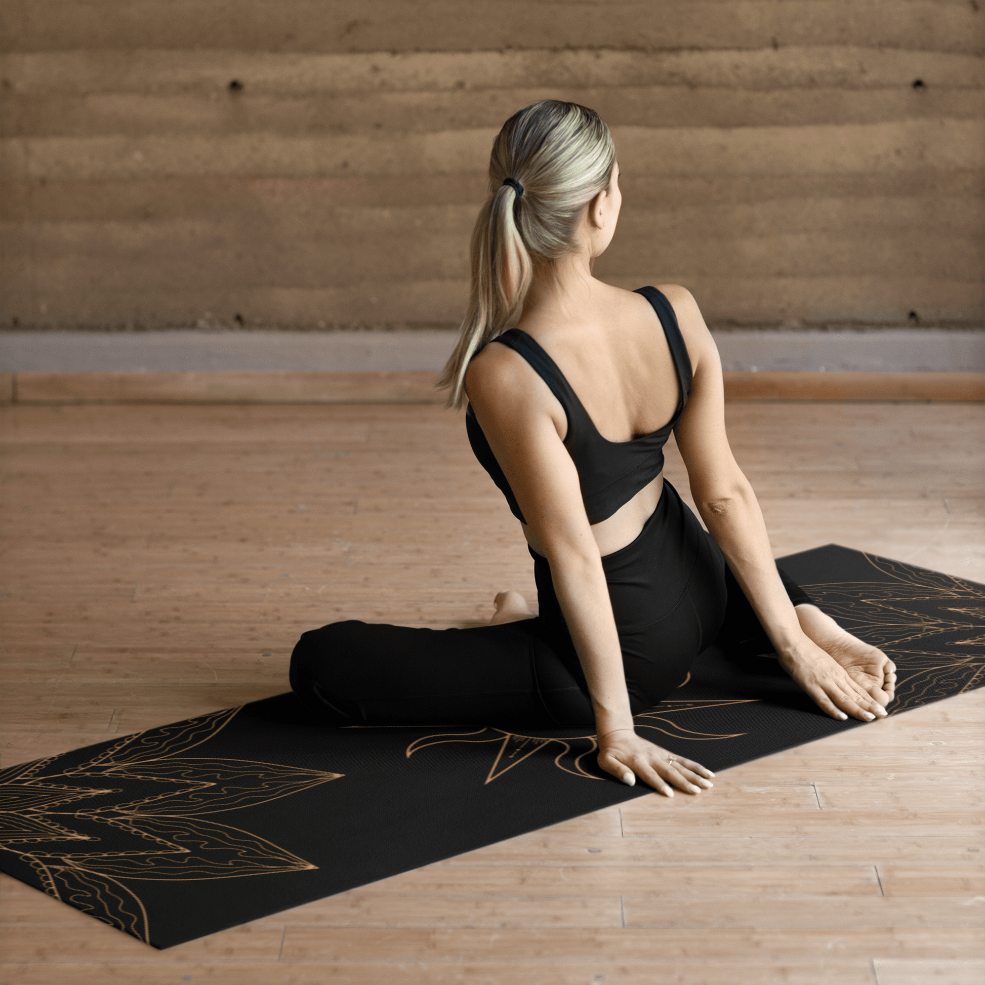 Black and Gold Flower & Sun Yoga Mat - EternalAscension