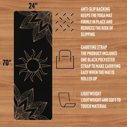 Black and Gold Flower & Sun Yoga Mat - EternalAscension