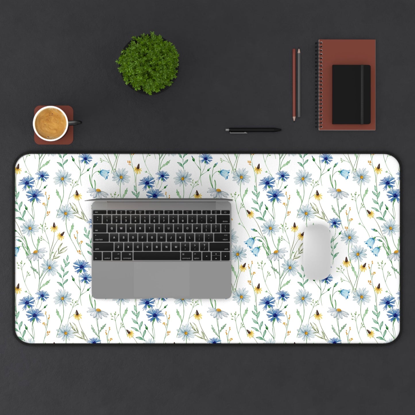 Blue Watercolor Floral Pattern, Non - Slip Desk Mat - EternalAscension