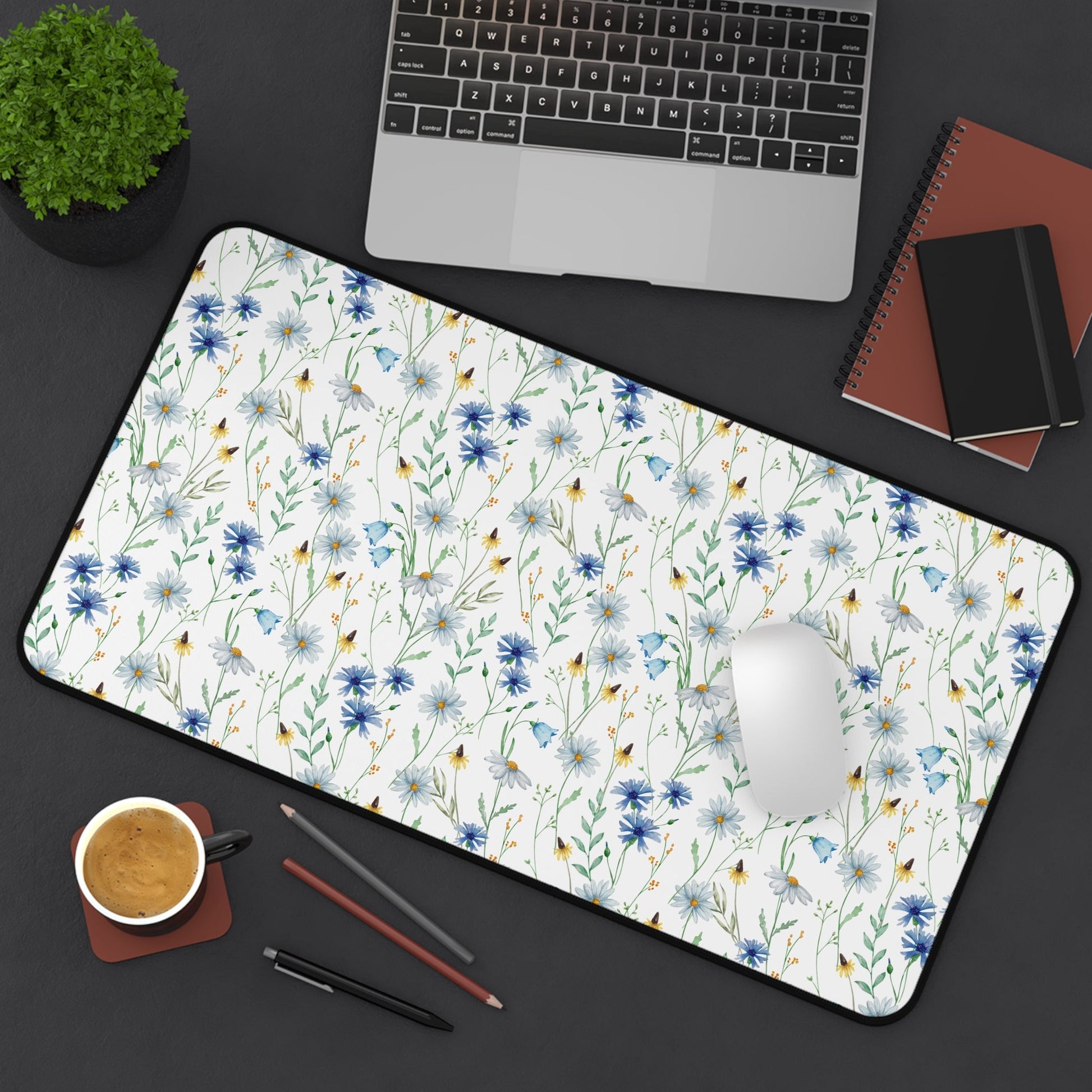 Blue Watercolor Floral Pattern, Non - Slip Desk Mat - EternalAscension