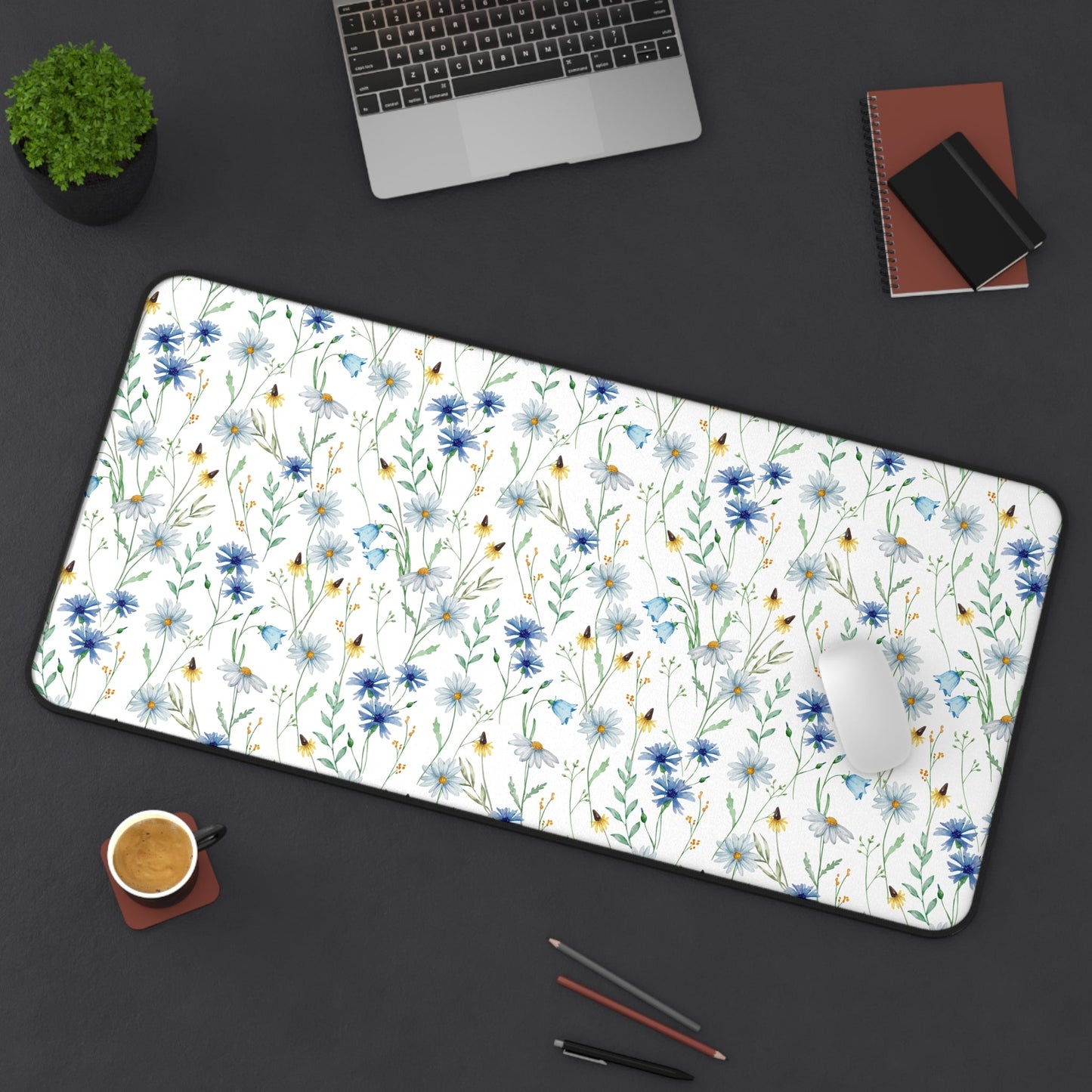 Blue Watercolor Floral Pattern, Non - Slip Desk Mat - EternalAscension