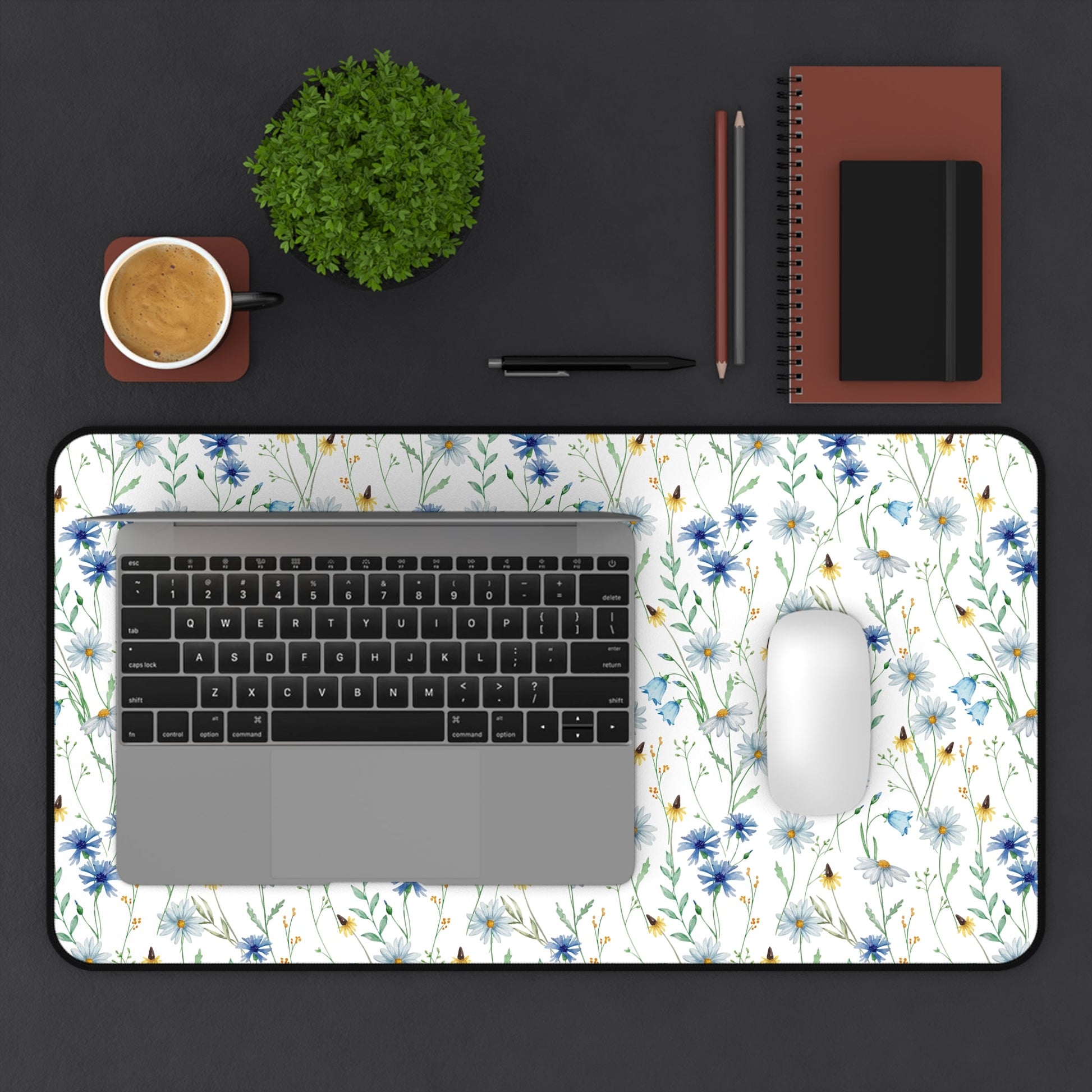 Blue Watercolor Floral Pattern, Non - Slip Desk Mat - EternalAscension