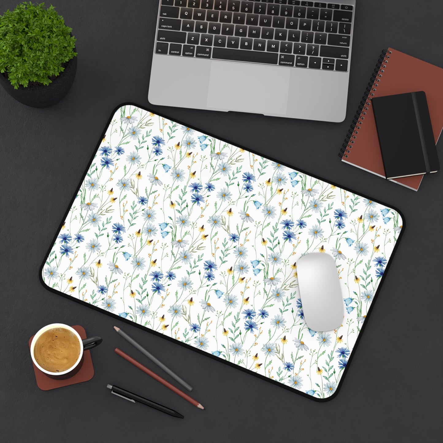 Blue Watercolor Floral Pattern, Non - Slip Desk Mat - EternalAscension