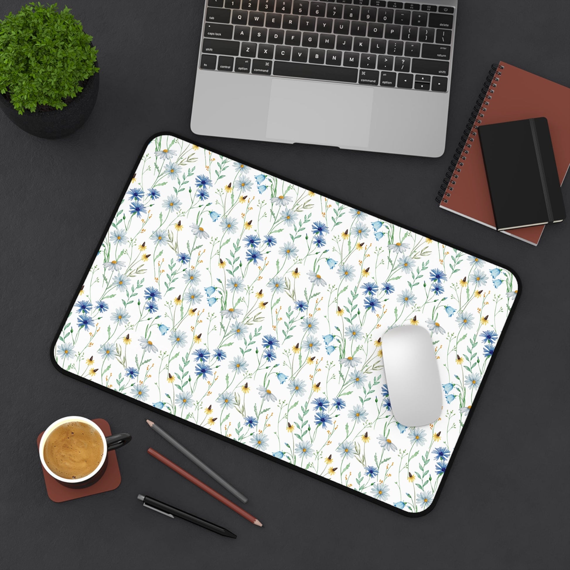 Blue Watercolor Floral Pattern, Non - Slip Desk Mat - EternalAscension
