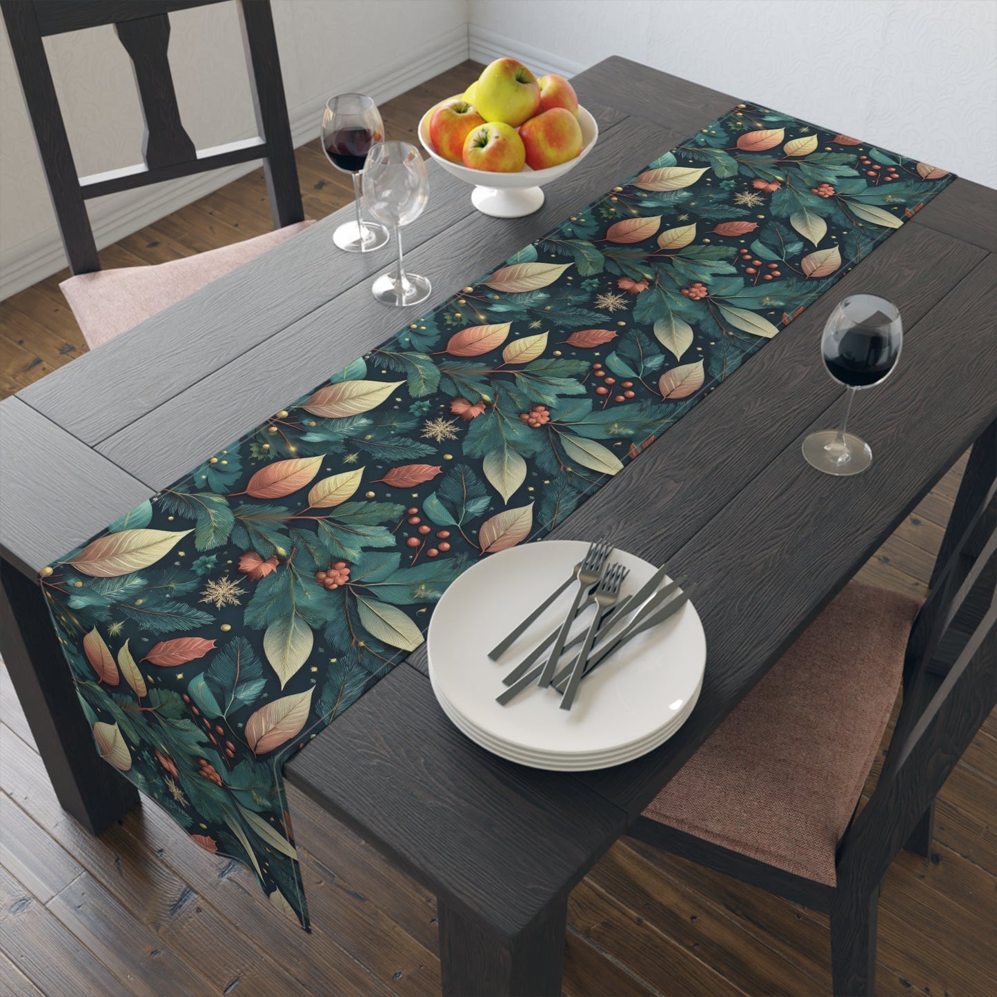 Botanical Bliss Table Runner, Vibrant Leaves Berries Design in Cotton/Poly - Holiday Home Decor, Kitchen Table Setting, Dining Room - EternalAscension