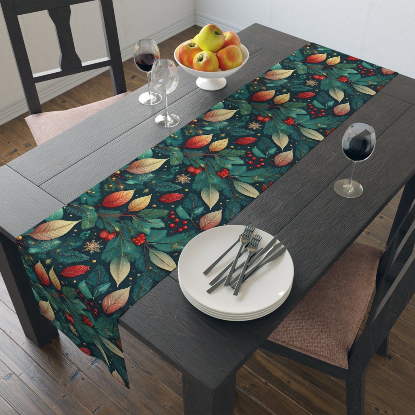 Botanical Bliss Table Runner, Vibrant Leaves Berries Design in Cotton/Poly - Holiday Home Decor, Kitchen Table Setting, Dining Room - EternalAscension