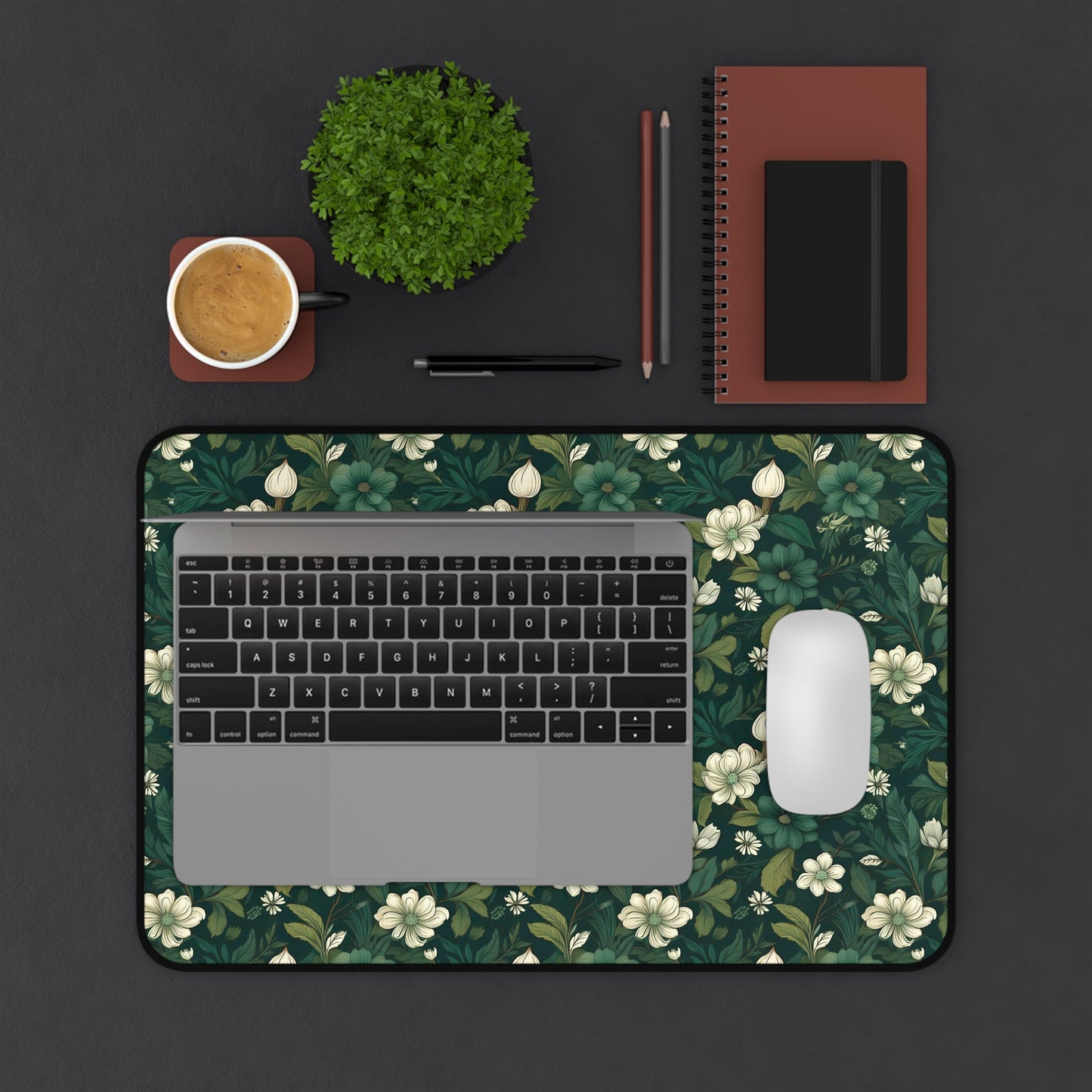 Botanical Desk Mat – Dark Green Floral Pattern - EternalAscension
