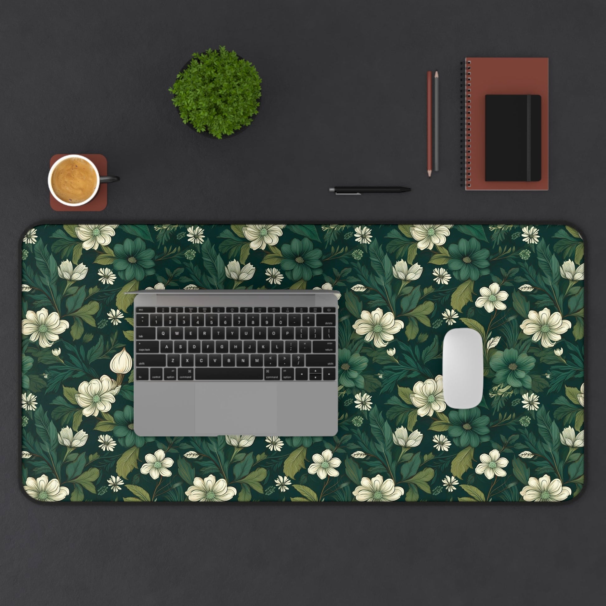 Botanical Desk Mat – Dark Green Floral Pattern - EternalAscension