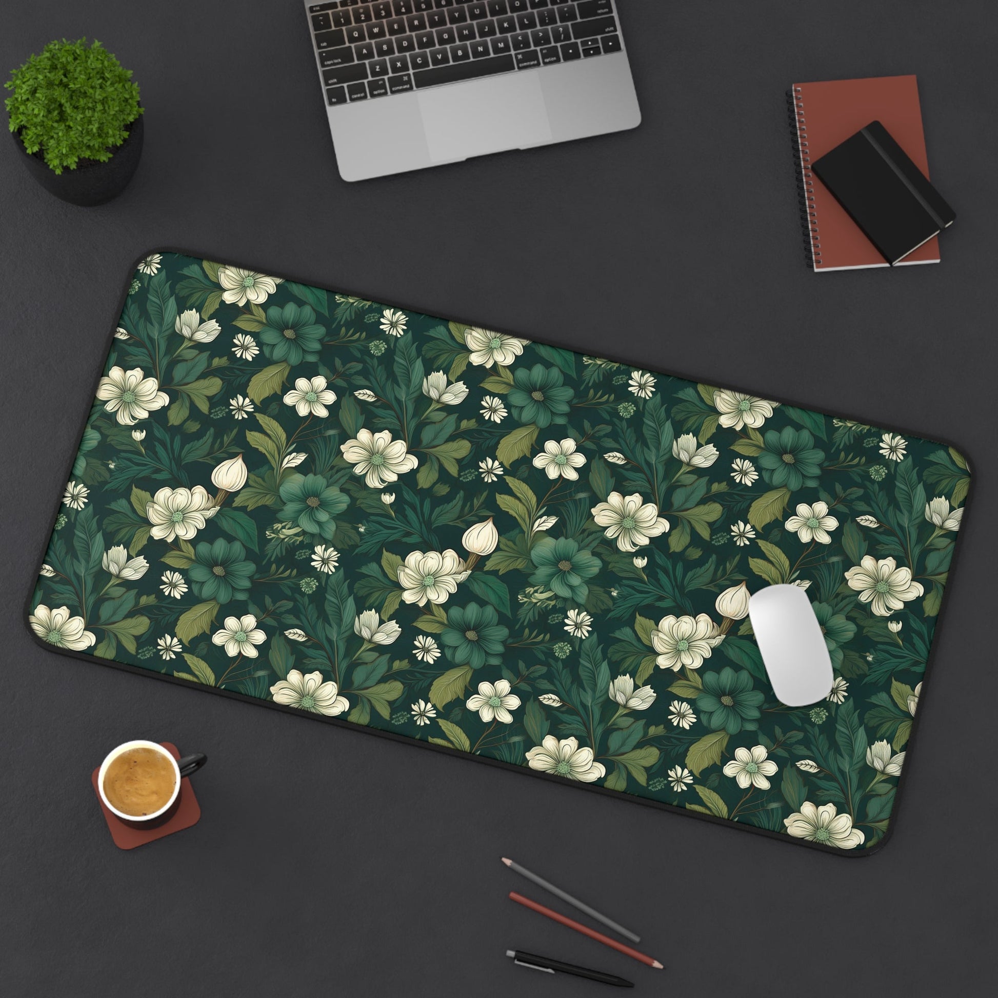 Botanical Desk Mat – Dark Green Floral Pattern - EternalAscension