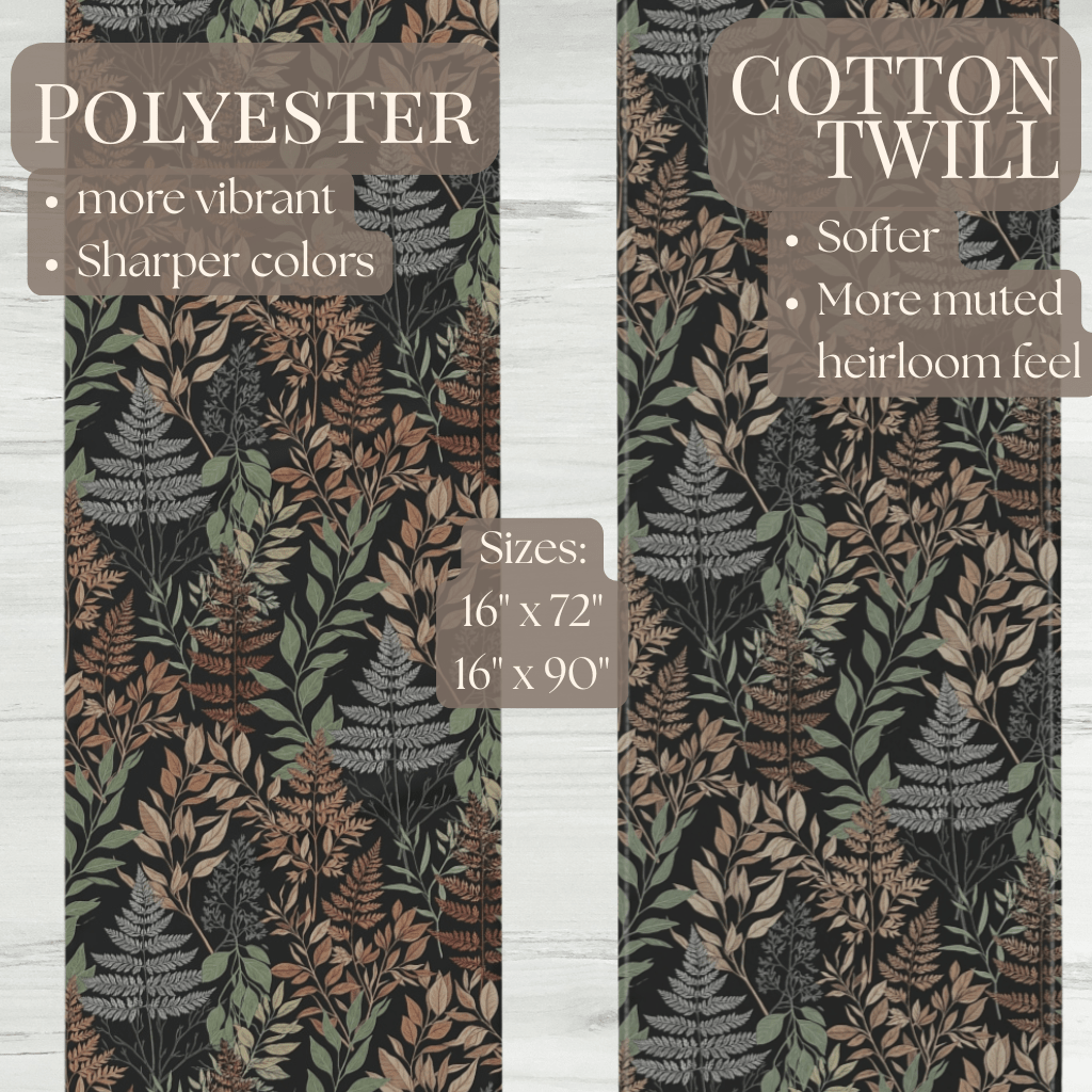 Botanical table runner fabric comparison showing polyester and cotton twill material options.