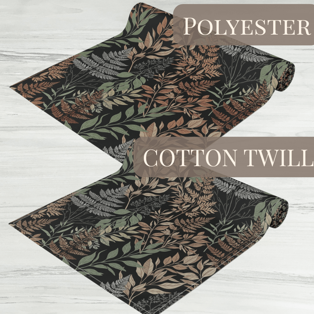 Botanical fern table runner displayed in polyester and cotton twill fabric options.