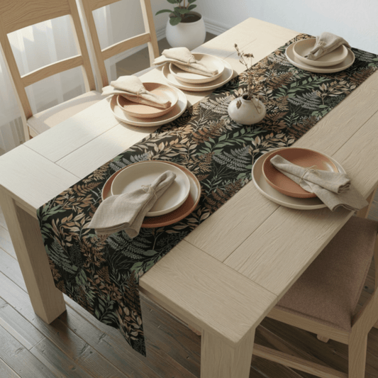 Botanical fern and leaf table runner styled on a light wood dining table with neutral plates and linen napkins.