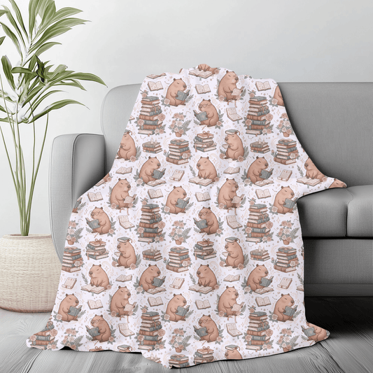 Capybara Book Pattern Velveteen Plush Blanket — Cozy Cottagecore Throw for Book Lovers - EternalAscension