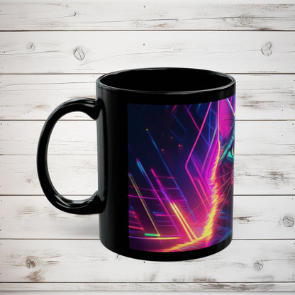 Cat Graphic Black Mug - Cyberpunk Cat Lover Gift, Modern Digital Art Coffee Mug, Neon Night Cat Mug, Abstract Cat Coffee Cup, Surreal Cat - EternalAscension