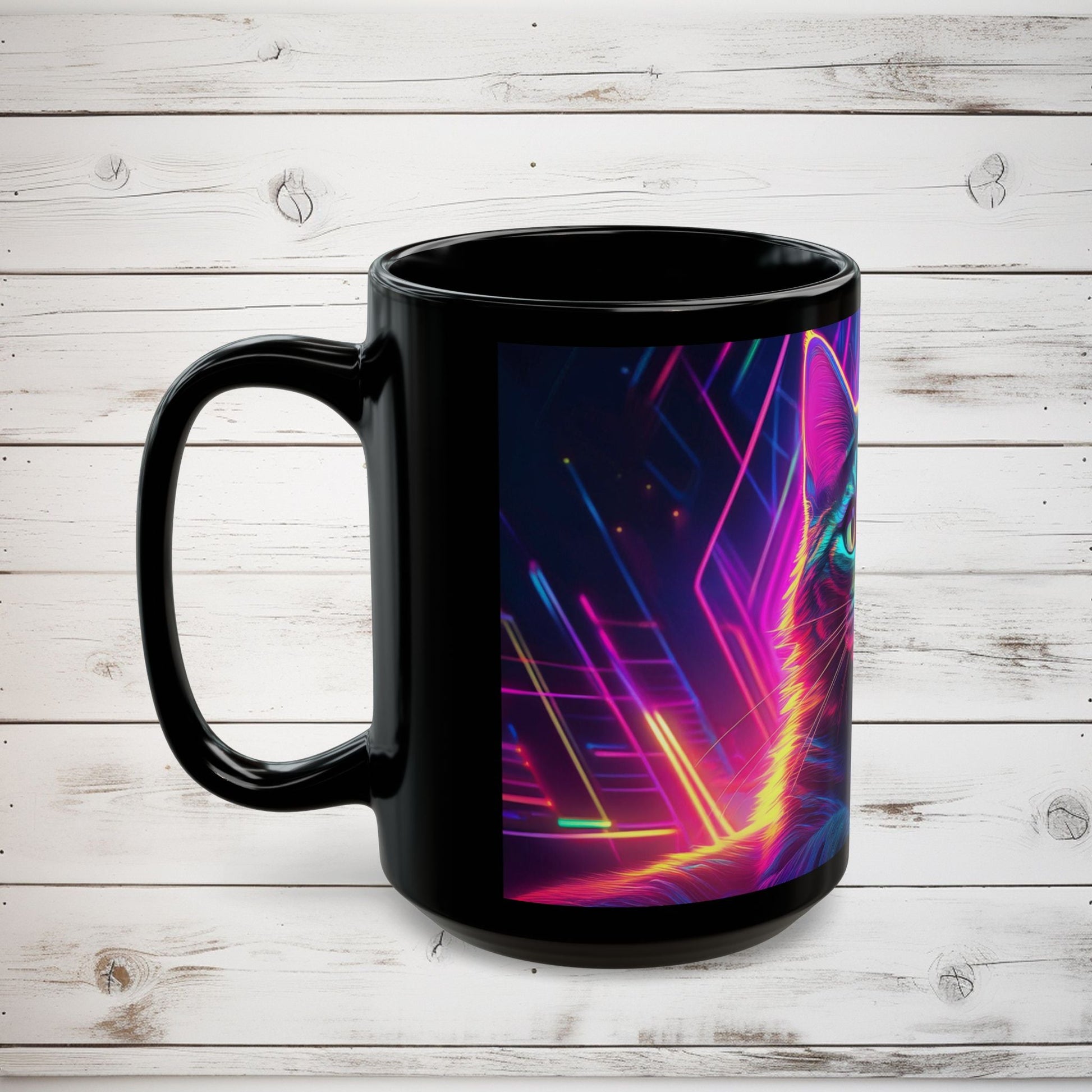 Cat Graphic Black Mug - Cyberpunk Cat Lover Gift, Modern Digital Art Coffee Mug, Neon Night Cat Mug, Abstract Cat Coffee Cup, Surreal Cat - EternalAscension