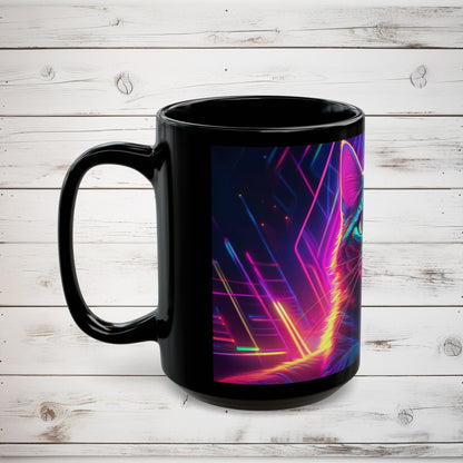 Cat Graphic Black Mug - Cyberpunk Cat Lover Gift, Modern Digital Art Coffee Mug, Neon Night Cat Mug, Abstract Cat Coffee Cup, Surreal Cat - EternalAscension
