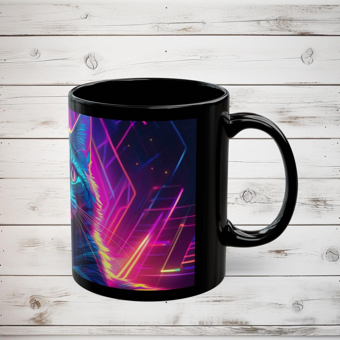 Cat Graphic Black Mug - Cyberpunk Cat Lover Gift, Modern Digital Art Coffee Mug, Neon Night Cat Mug, Abstract Cat Coffee Cup, Surreal Cat - EternalAscension