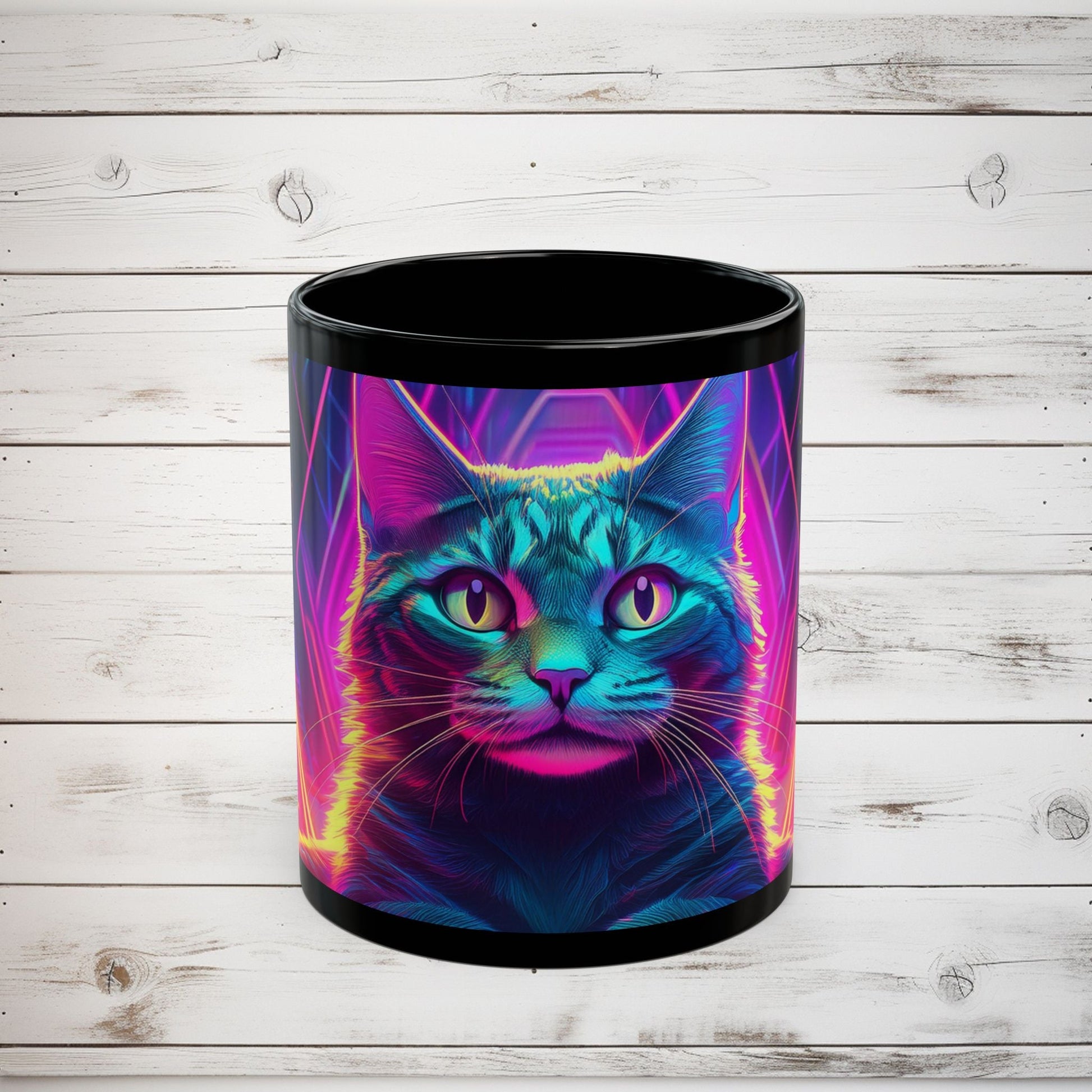 Cat Graphic Black Mug - Cyberpunk Cat Lover Gift, Modern Digital Art Coffee Mug, Neon Night Cat Mug, Abstract Cat Coffee Cup, Surreal Cat - EternalAscension