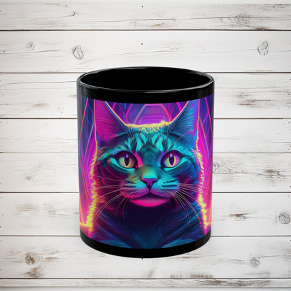 Cat Graphic Black Mug - Cyberpunk Cat Lover Gift, Modern Digital Art Coffee Mug, Neon Night Cat Mug, Abstract Cat Coffee Cup, Surreal Cat - EternalAscension