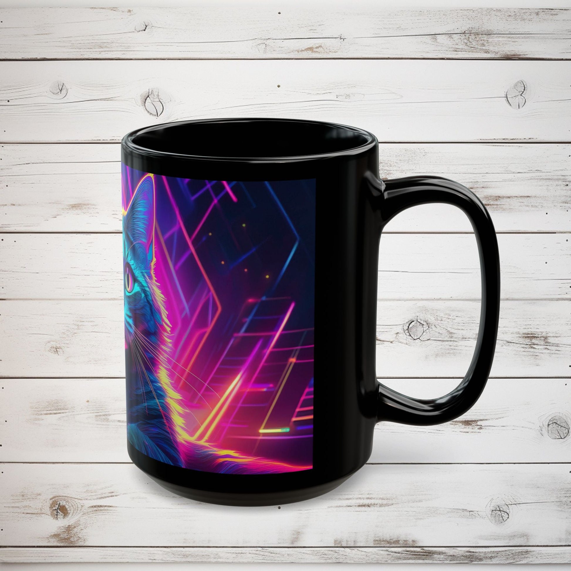 Cat Graphic Black Mug - Cyberpunk Cat Lover Gift, Modern Digital Art Coffee Mug, Neon Night Cat Mug, Abstract Cat Coffee Cup, Surreal Cat - EternalAscension