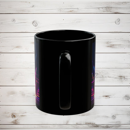 Cat Graphic Black Mug - Cyberpunk Cat Lover Gift, Modern Digital Art Coffee Mug, Neon Night Cat Mug, Abstract Cat Coffee Cup, Surreal Cat - EternalAscension