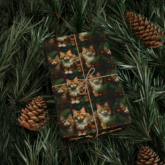 Cat Lover Christmas Wrapping Paper, Holiday Gift Wrap, Custom Cat Print Present Wrap, Festive Pine Branch Bauble Design, Matte Glossy 90gsm - EternalAscension