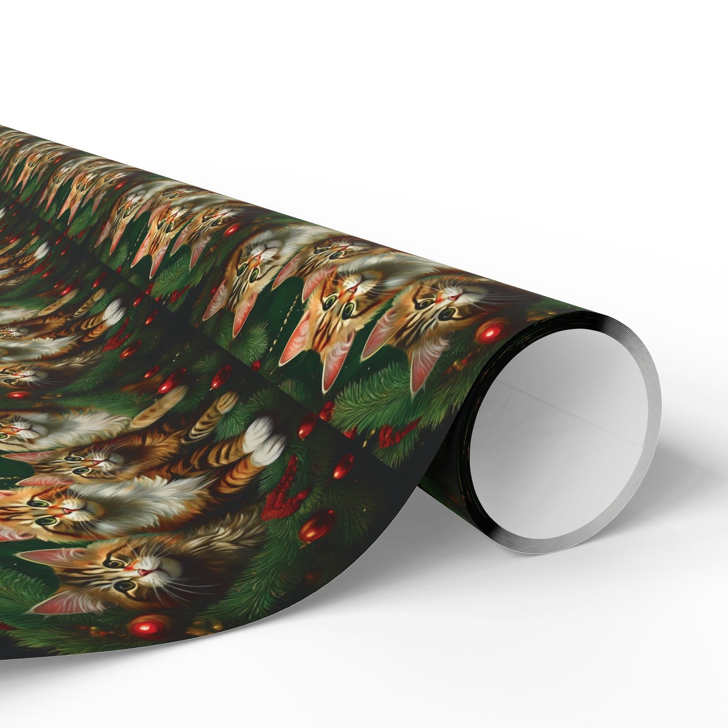 Cat Lover Christmas Wrapping Paper, Holiday Gift Wrap, Custom Cat Print Present Wrap, Festive Pine Branch Bauble Design, Matte Glossy 90gsm - EternalAscension