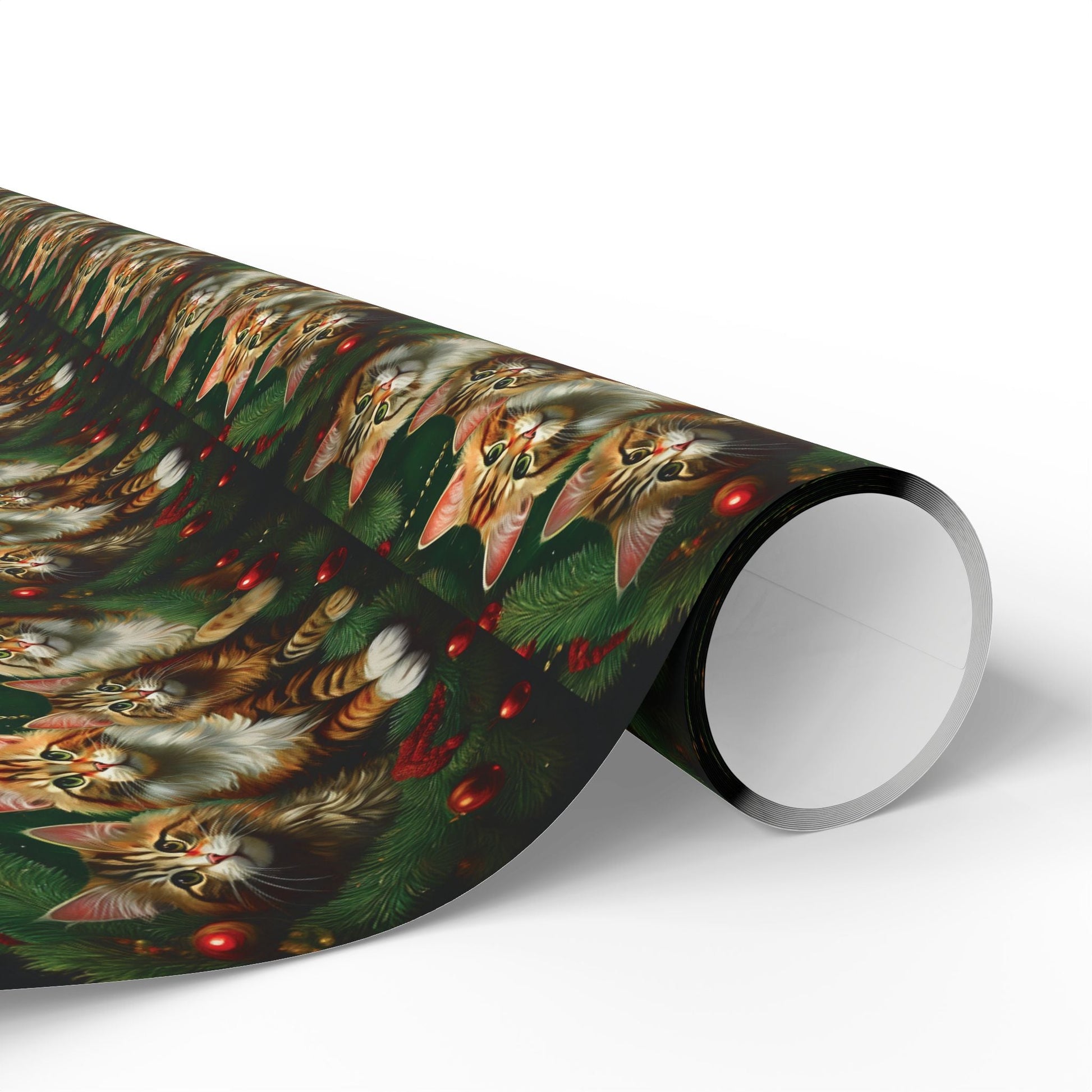 Cat Lover Christmas Wrapping Paper, Holiday Gift Wrap, Custom Cat Print Present Wrap, Festive Pine Branch Bauble Design, Matte Glossy 90gsm - EternalAscension