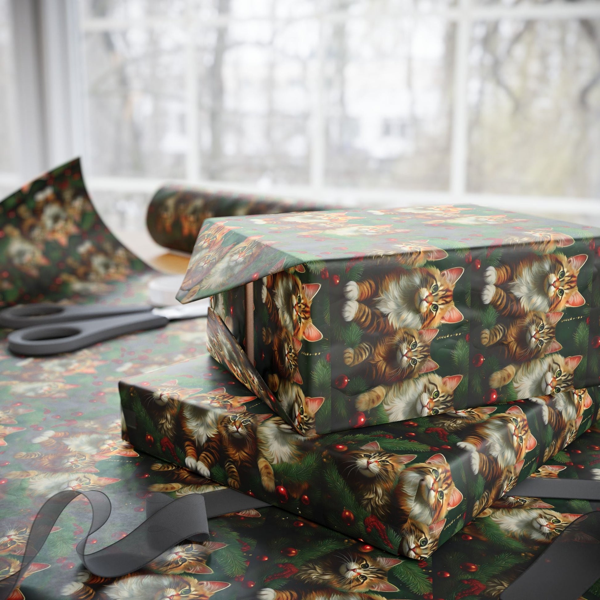Cat Lover Christmas Wrapping Paper, Holiday Gift Wrap, Custom Cat Print Present Wrap, Festive Pine Branch Bauble Design, Matte Glossy 90gsm - EternalAscension