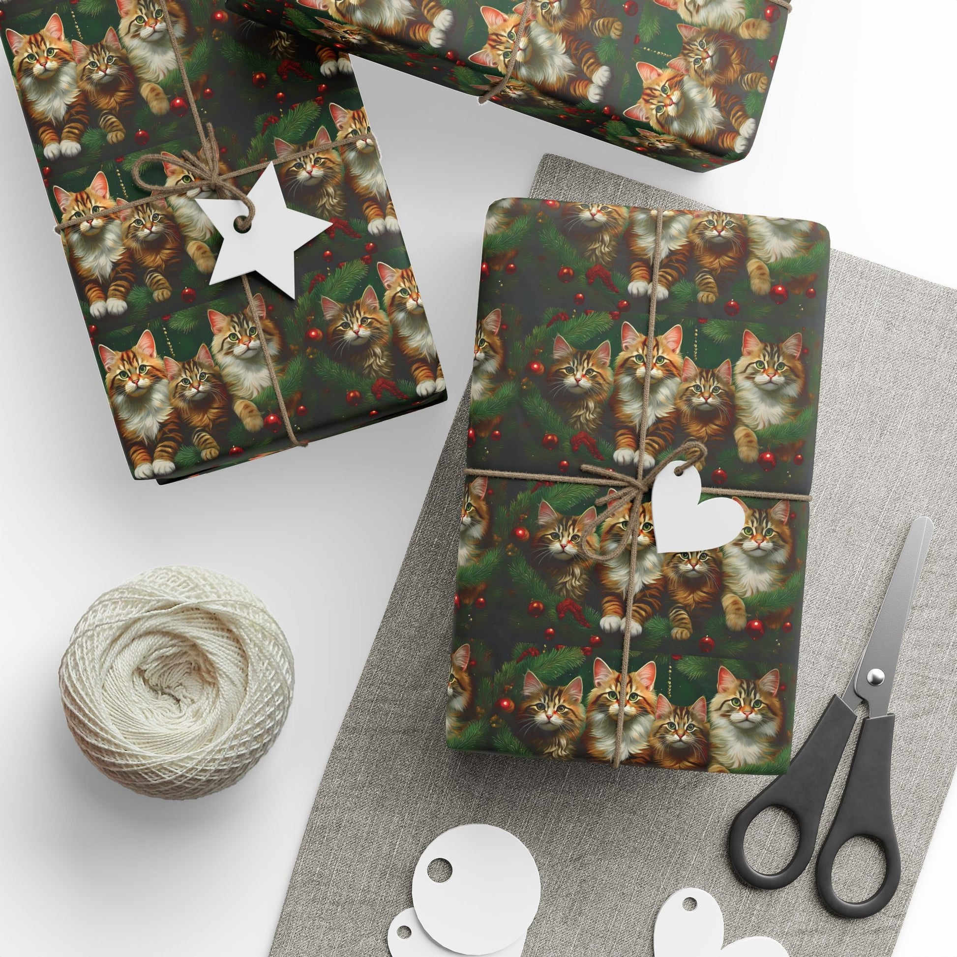 Cat Lover Christmas Wrapping Paper, Holiday Gift Wrap, Custom Cat Print Present Wrap, Festive Pine Branch Bauble Design, Matte Glossy 90gsm - EternalAscension