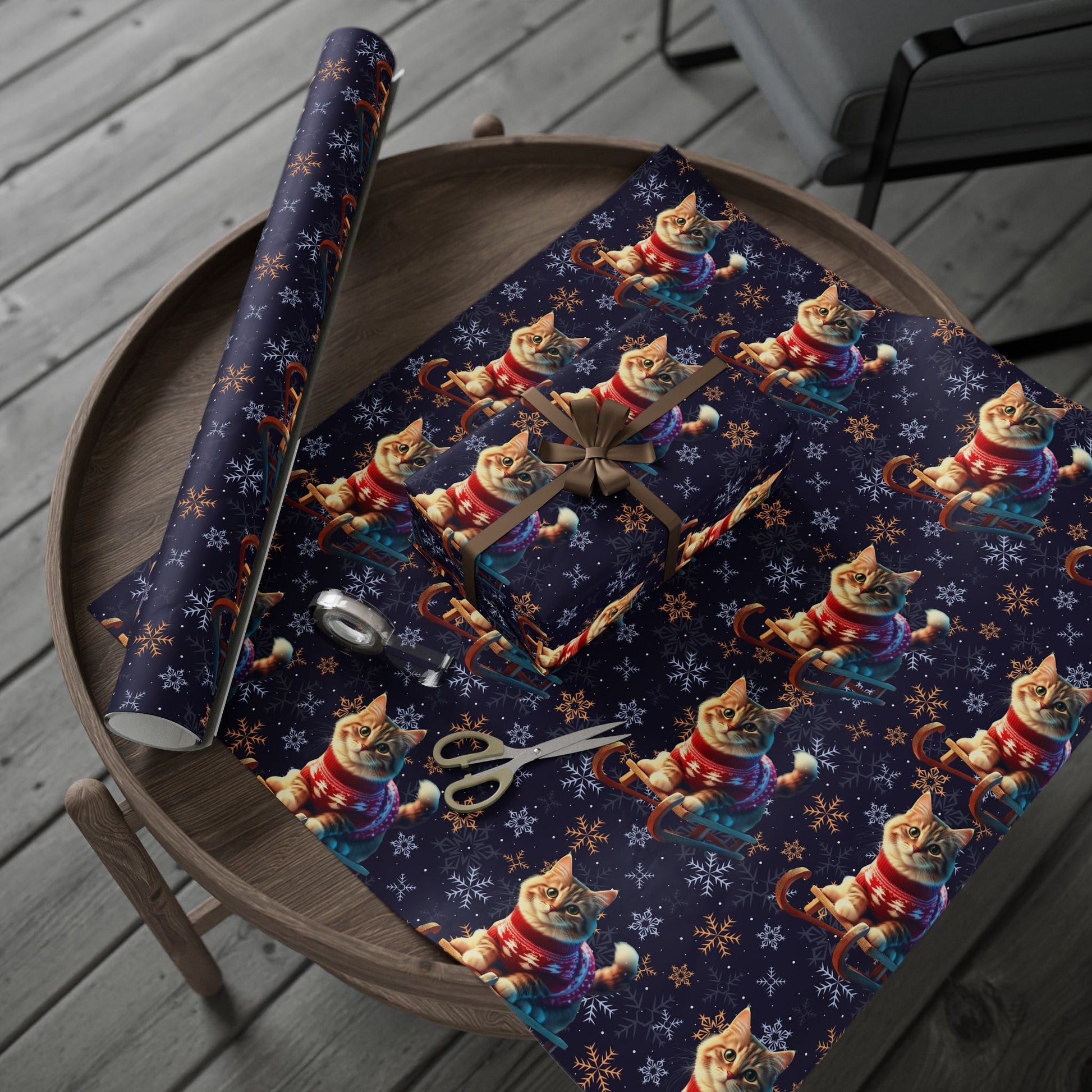Cat on Sled Wrapping Paper, Holiday Gift Wrap, Christmas Cat Theme, Festive Present Wrap, Winter Magic Packaging, Cat Lover Gift Wrap - EternalAscension