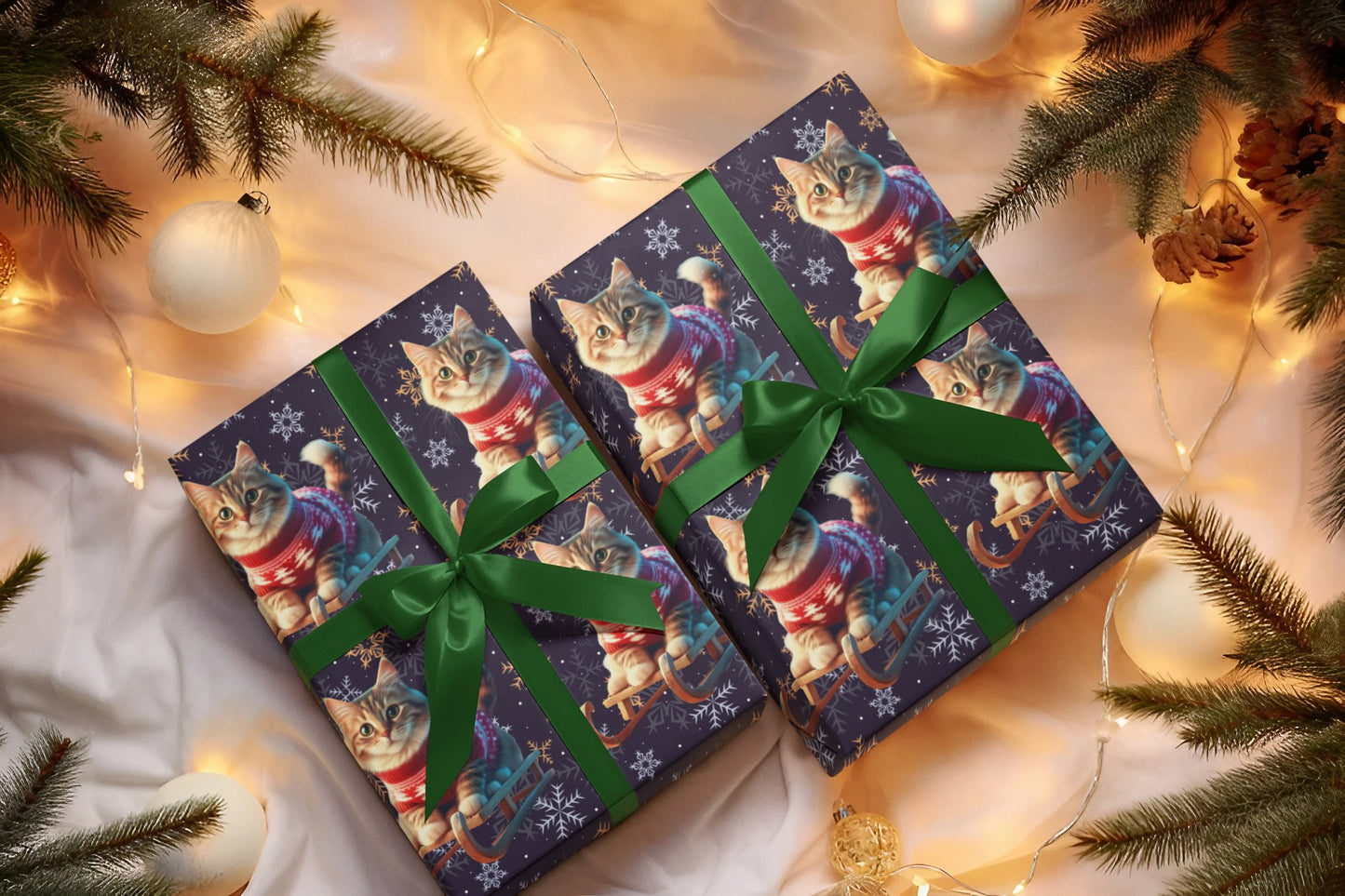 Cat on Sled Wrapping Paper, Holiday Gift Wrap, Christmas Cat Theme, Festive Present Wrap, Winter Magic Packaging, Cat Lover Gift Wrap - EternalAscension